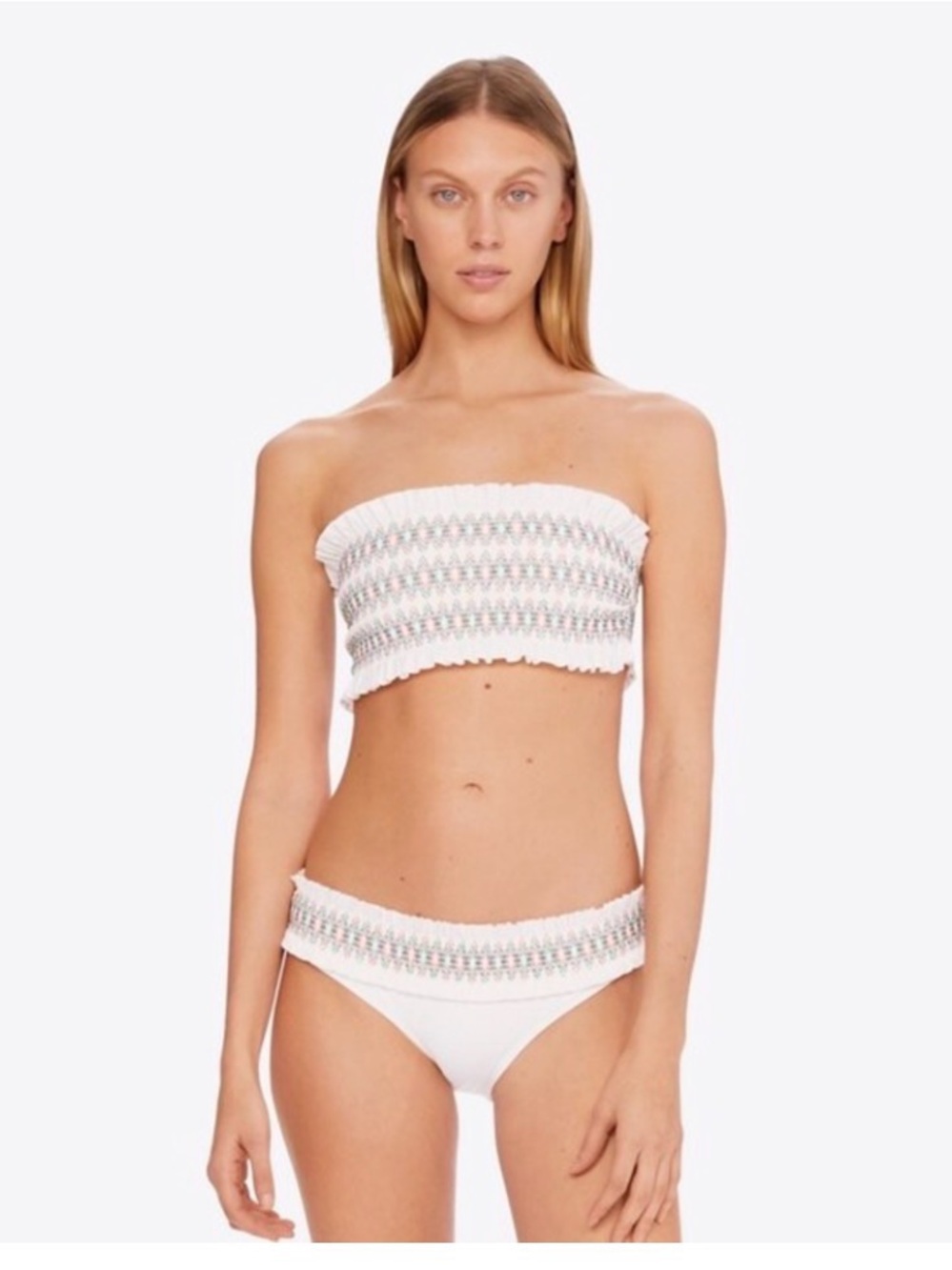 Tory Burch White Smocked Bandeau Bikini with Multicolor Stitching